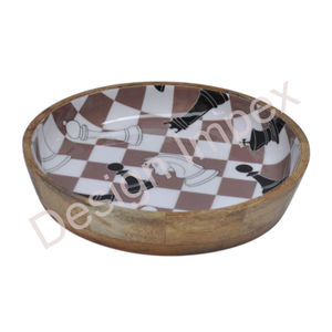 Grand saladier incurvé à motif échecs, en bois émaillé, fait main, pour service et décoration de table - Product Image 4