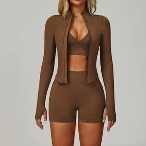 Ensemble de yoga pour femmes en 2 pièces, ensemble de sport respirant à séchage rapide, veste de sport à manches longues en spandex/nylon sans couture à carreaux - Product Image 2