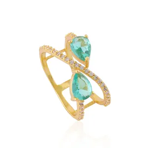 Logam kuningan berlapis emas Apatite & CZ cincin batu permata | PIR & bentuk bulat, pengaturan cabang batu permata perhiasan cincin. Mode Joyas R-509