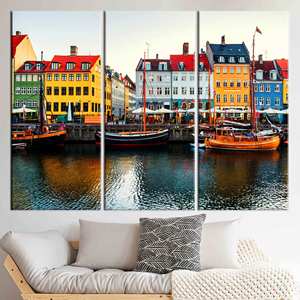 Arte impreso en lienzo para pared: vista de Nyhavn, Dinamarca, paisaje de Copenhague, 3P: estirado sobre lienzo - Product Image 1