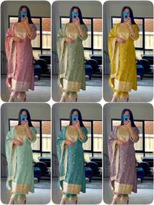 Elegante ropa de fiesta de boda Faux Georgette secuencia bordado y piedra trabajo hecho a mano superior e inferior con borde de encaje Moti Dupatta - Product Image 3