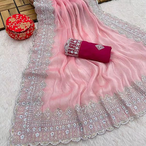 Saree de seda de diseñador para mujer con bordado de lentejuelas Zari Hermoso estilo pakistaní Ropa de boda y fiesta - Product Image 1