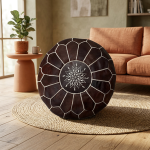 Round Embroidered <b>Leather</b> Pouf Cushion <b>Cover</b> Bohemian Style Handmade Stitched Design Home Decor - Product Image 1