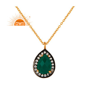 Best Selling Sterling Silver 18K Gold Plated Natural Cz & <b>Green</b> Onyx Gemstone Pendant Necklace Demi Fine Jewelry Manufacturer - Product Image 4