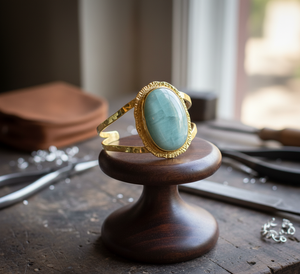 Rudra Gems Handcrafted Natural Amazonite Cabochon Pulseras de cuentas de plata tibetana de alta calidad Brazaletes de moda de oro de 14 quilates - Product Image 4