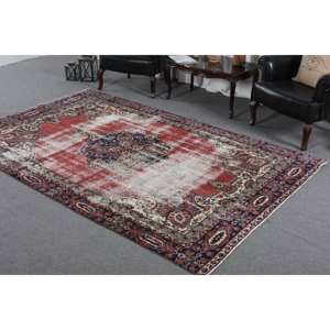 Tapis en laine rouge beige vintage de 6x9.5 pieds, fait à la main, grande zone turque, patchwork abstrait couloir 10mm couloirs en latex - Product Image 2