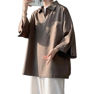 Camisetas básicas con cremallera y cuello de polo, ropa de manga informal de verano para hombre, polos empalmados con bolsillos elegantes coreanos de Color sólido - Product Image 3