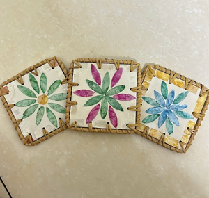 Natural Rattan Coaster Mother Pearl Inlay Handmade Table Decor for Cup Glass Use from Vietnam - Product Image 1