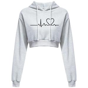 Pull à capuche à manches longues pour femmes Hip Hop & Streetwear couleur unie ECG imprimé sweats à capuche courts pour tissu tissé d'hiver - Product Image 1