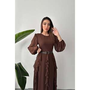 Vestido de Gasa Marrón con Cinturón - Marrón - Product Image 2