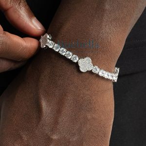 Hip Hop Men's 12mm White <b>Gold</b> <b>Plated</b> Sterling Silver Moissanite Tennis Bracelet Fine Chain Clover Leaf Style <b>Bangles</b> - Product Image 2