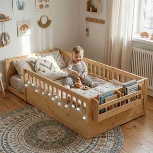 Wood Kids Bed Frame with Guardrails Children <b>Bedding</b> Rail Bed for Bedroom - Product Image 4