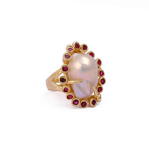 Anillo de granate chapado en oro hecho a mano de estilo bohemio, Perla de agua dulce natural, piedra preciosa con ajuste de Garra Para ocasiones de fiesta - Product Image 1
