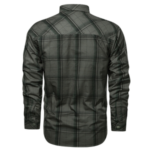 Camisa de franela a cuadros para hombre en tonos caqui y marrones con bolsillos de botón en el pecho y manga larga - Product Image 5