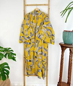 Kimono de verano con estampado de bloque indio de algodón puro, bata de playa Floral para mamá, cómoda Maternidad, amarillo mostaza, hasta el suelo - Product Image 4