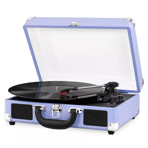 Valise vinyle personnalisée pour <span class=keywords><strong>enregistreur</strong></span> à platine vinyle Valise elliptique en cuir PU à dents bleues Boîte de tourne-disque - Product Image 2
