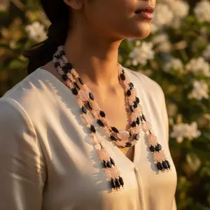Women's Vintage & Classic Rose Quartz & Onyx Beaded <b>Necklace</b> Religious Style with <b>Freshwater</b> <b>Pearl</b> for Gifts and Parties - Product Image 3