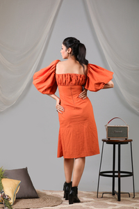 Geometric Lava <b>Red</b> Midi Geometric Lava <b>Red</b> Dress Puff Front Shift Dress With Side Slit Geometric Lava <b>Red</b> One Piece Short Dress - Product Image 3