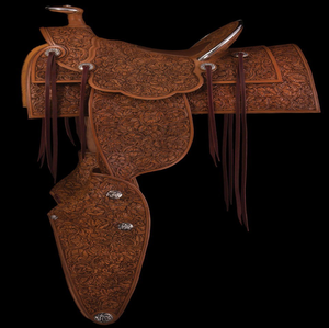 Selle Western avec un motif unique d'outillage floral et à défilement sur cuir foncé et conchos argentés, disponible au prix de gros. - Product Image 2