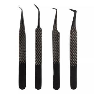 Ensemble de 4 pinces à cils à poignée en diamant-fourniture de cils en acier japonais (noir) ensemble de pinces à cils en gros - Product Image 1