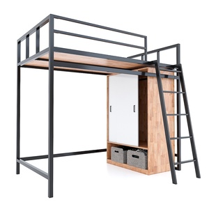 Cama litera doble moderna y contemporánea con armario, de madera maciza de caucho y estructura de hierro, cama para el hogar con almacenamiento - GT009 - Product Image 1