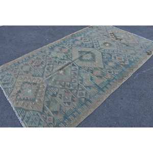 Alfombra turca Kilim de 5,2x8,8 pies, diseño de retazos azul y marrón, técnica de tejido plano de látex de lana para sala de estar, pasillo, Tabriz - Product Image 2