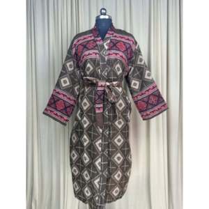 Yak Wool Blend Women's Cozy Winter Diamond Print <b>Cardigan</b> Brown Loungewear Pockets Quirky Romance <b>Kimono</b> Robe ODM Woven Fabric - Product Image 1