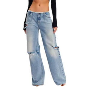 Lupin feutre meilleure vente femmes personnalisé large jambe droite ceinture coupée en détresse Denim jean Vintage vieille coupe creux jean - Product Image 1