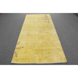 3.9x8.2 ft Rug, Turkish Rug, Vintage <b>Yellow</b> <b>Wool</b> Striped Rug - Product Image 1