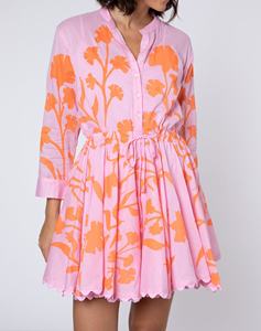 Decorative Exclusive Bohemian V-neck <b>Long</b> Sleeve Floral Paisley Pink Orange Printed Midi Dress 100% Cotton <b>Slip</b> Included Tassel - Product Image 2