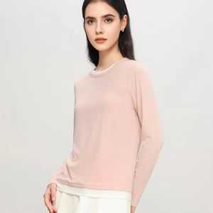 Camisetas de Jersey Cómodas para Mujer, Mezcla de Seda y Viscosa, Cuello Redondo, Manga Larga, en Negro y Gris, Estilo Casual para Primavera y Otoño - Product Image 1