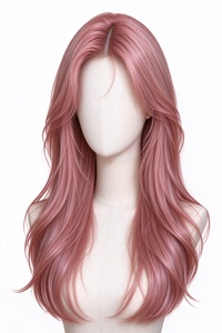 Perruque longue ondulée rose-brun 100% cheveux humains, raie au milieu, aspect naturel, pour femmes - Product Image 1