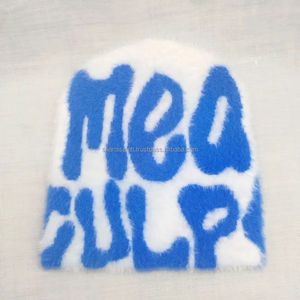 Venta caliente personalizado Beanie Mea culpa mohair tejer sombrero acrílico tejido Jacquard Beanie con logotipo personalizado - Product Image 6