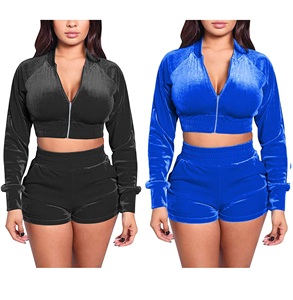 Wholesale <b>Women's</b> Luxury Crop <b>Top</b> <b>Low</b> Inseam High Waist Shorts Trending <b>Cut</b> Sew Velvet Solid Two Piece Tracksuits Sets - Product Image 1