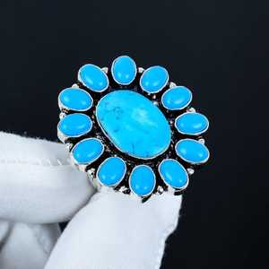 Argent sterling 925 massif de haute qualité, magnifique pierre précieuse naturelle de forme florale turquoise, sertie en bélière, grande taille, cadeau d'anniversaire - Product Image 3