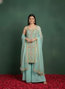 Ensemble Salwar Kameez Trois Pièces en Faux Georgette Lourd avec Broderie Réversible et Éclatante, et Dupatta, pour Mariage et Fêtes - Product Image 3