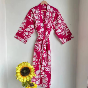 Algodón puro estampado a mano casa bata verano Kimono Floral playa vestido Oriental Festival hermoso Albornoz bloque estampado Kimono regalo - Product Image 1