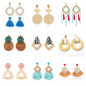 Créoles en rotin naturel tissé à la main, pendentif en rotin en forme de demi-cercle, breloques en bois de bambou - Product Image 3