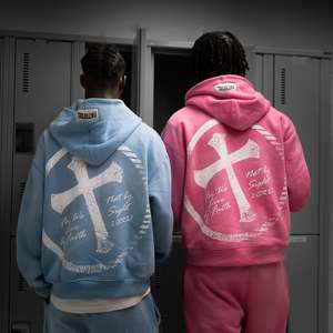 ชุดเสื้อมีฮู้ดและกางเกงวอร์มทรงโอเวอร์ไซส์ผ้าคอตตอน100% ปักไหล่ผ้าคอตตอนทรงบ็อกซี่ฟิตเนส - Product Image 1