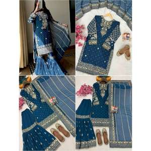 ชุดสาหรี่กะมีซดีไซน์ใหม่ทันสมัย พร้อมงานปักดิ้นทอง แต่งลูกไม้แฟนซี เหมาะสำหรับงานแต่งงาน งานเลี้ยง และโอกาสต่างๆ ใช้วัสดุผ้าจอร์เจตต์ - Product Image 1