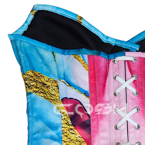 Corsé de moda multicolor con estampado de mármol, de satén, con varillas de acero y copas con aros tipo corazón. - Product Image 5