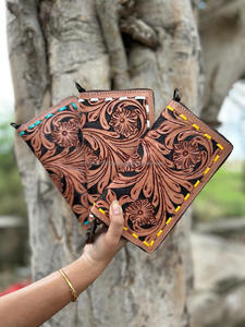 New Western Stylish Color Real Tooled Leather Women Clutch Hot Selling Compact Size Brown Color Tooled Leather <b>Wristlet</b> Clutches - Product Image 3