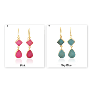 เครื่องประดับผู้หญิงที่สง่างามสไตล์วินเทจเรซินต่างหูหินสองชั้นแท้สีฟ้าใสน้ำตาลดรูซี่ห้อยทองเหลืองชุบทอง - Product Image 2