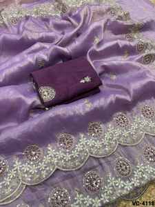 ผ้าส่าหรีสไตล์อินเดียสมัยใหม่ ผ้าคุณภาพพรีเมียมสีทองประกาย พร้อมงานปักลายปาลู และเสื้อปักลายบังคลอรี - Product Image 6