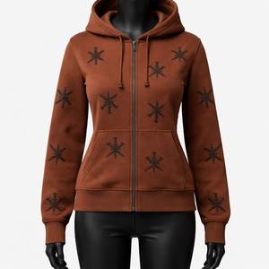 Sudadera con capucha y cremallera completa para mujer, estampado integral, forro polar, ajuste ceñido, color marrón, estilo urbano, antiarrugas, transpirable - Product Image 6