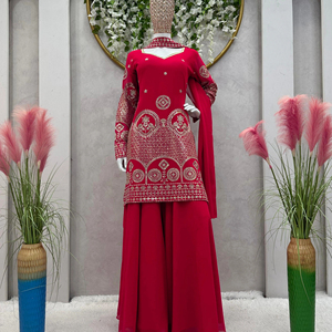 Hermoso traje de diseñador con interior y Sharara-Dupatta con hilo y trabajo de secuencia - Product Image 1