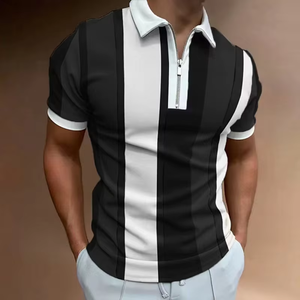 Polo elegante para hombre con rayas verticales en una paleta monocromática de negro, gris y blanco con cremallera frontal - Product Image 6
