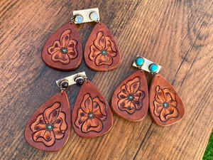New Arrival Western Style Hand Tooled Carving Leather <b>Earrings</b> Women Cute Trendy Teardrop <b>Earring</b> Tooled Leather Fashion Jewelry - Product Image 5