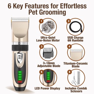 Kit de tondeuse à cheveux pour animaux de compagnie rechargeable à faible bruit lame en acier inoxydable | Ensemble de toilettage professionnel pour chien et chat à usage domestique - Product Image 5