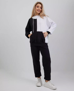 Mode femme noir et blanc couleur bloc survêtement ensemble sweat à capuche et cordon de survêtement pantalon 2 pièces Sport tenue décontractée - Product Image 1